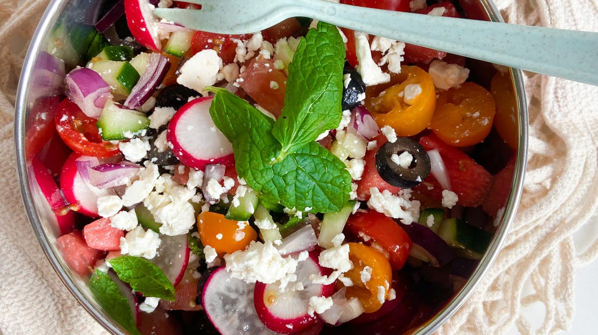 Summer-party-on-a-plate salade met watermeloen en feta