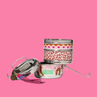 Boho-Tiffin stainless steel 3-in-1 lunchbox with pink leopard, lip, and snake print, featuring a decorative tassel.