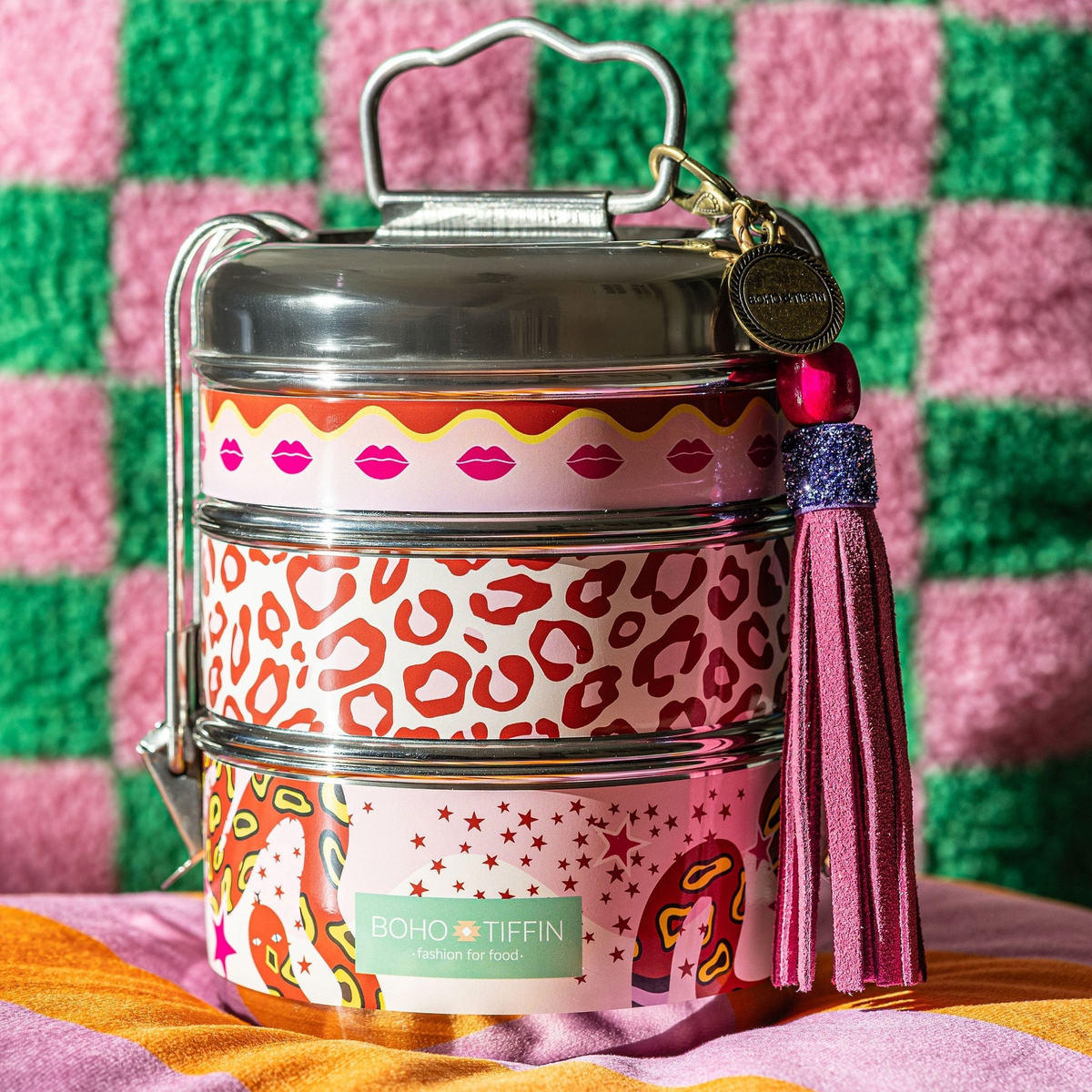 Boho-Tiffin Kiss and Snake stainless steel 3-tier lunchbox with leopard, lip, and snake print and a pink tassel
