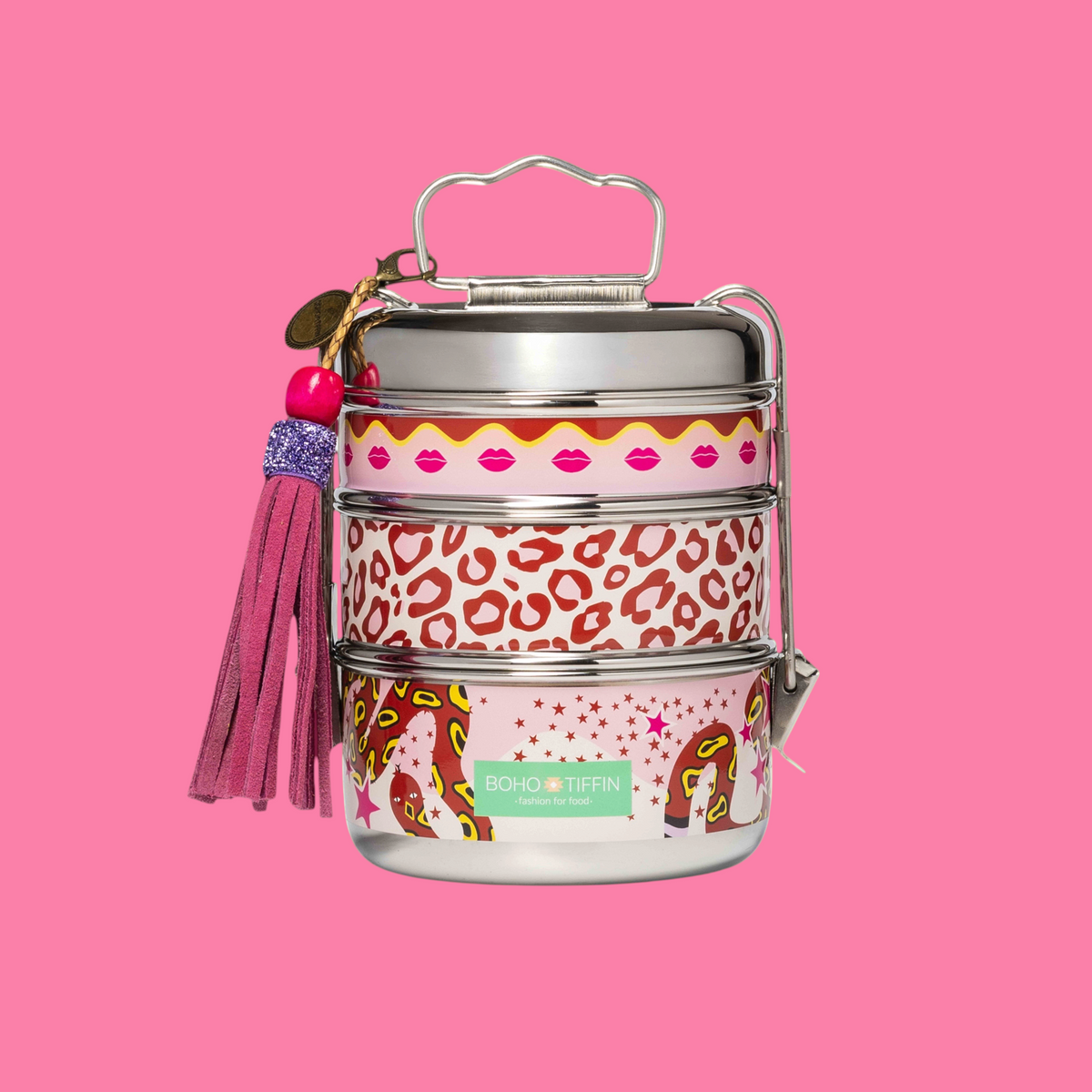Boho-Tiffin stainless steel 3-tier lunchbox with pink lips, leopard print, and snake pattern with a purple tassel.