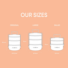 Boho-Tiffin stainless steel lunchbox size comparison chart showing 3-tier and 2-tier stackable container options